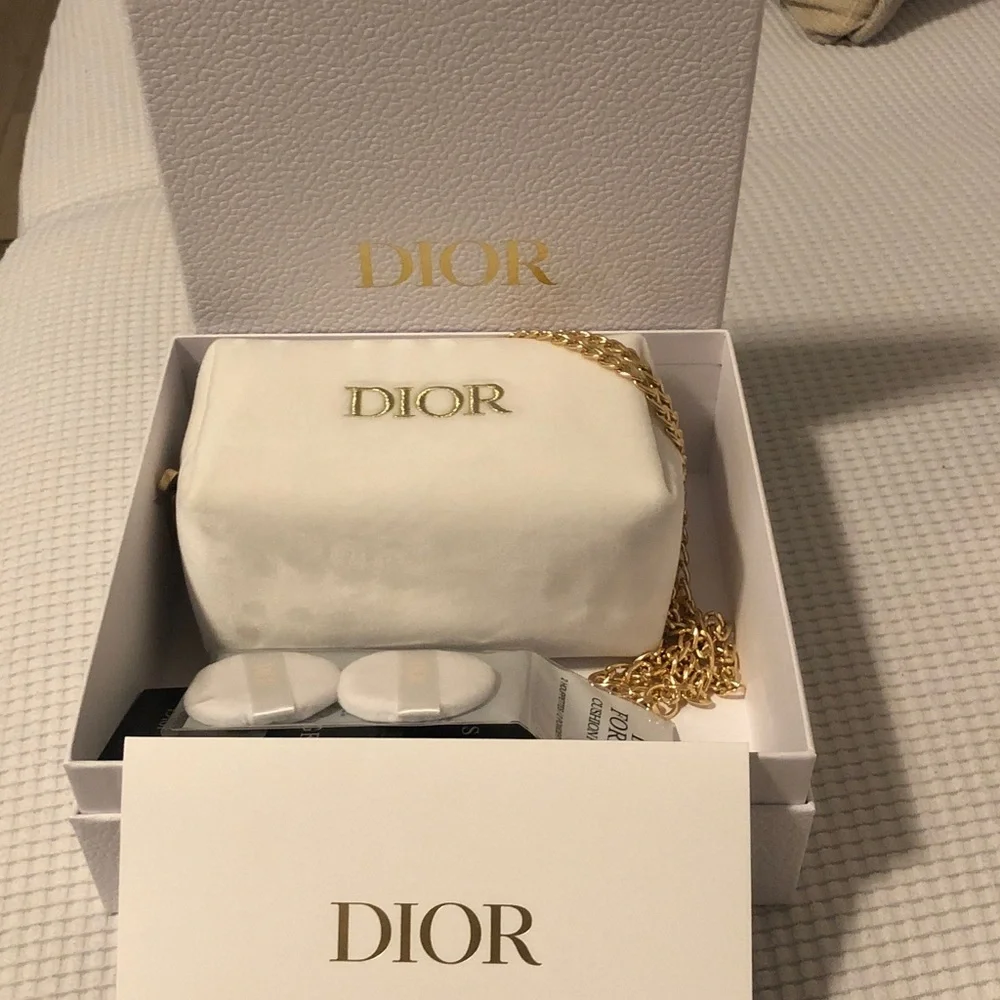 Dior Cream and Gold Cosmetic Pouch with Sauvage Samples